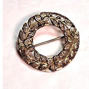 Vintage Sterling Silver Classic Circle Wreath Brooch Made in Germany Flower Leaf